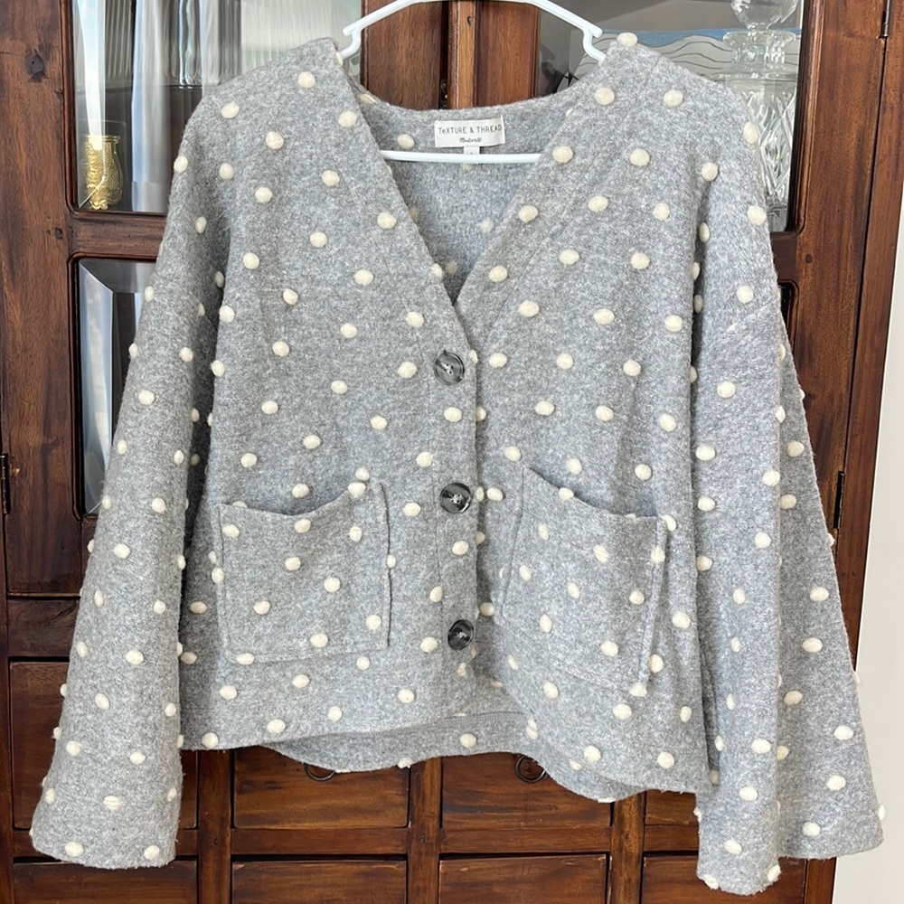Madewell Gray Wool Dot Pom-Pom Cardigan with Cream Dots